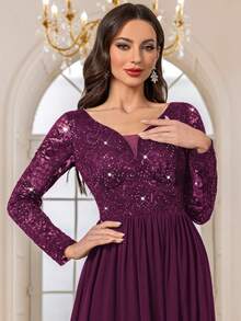 MIUSOL 亮片花卉蕾丝深 V 领长袖雪纺开叉大腿晚会长裙、正式礼服、礼服，适合婚礼宾客