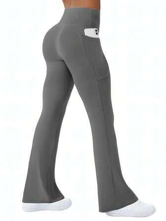 1 件大码女式喇叭运动裤，修身时尚高腰修身瑜伽紧身裤，带口袋，休闲紧身裤