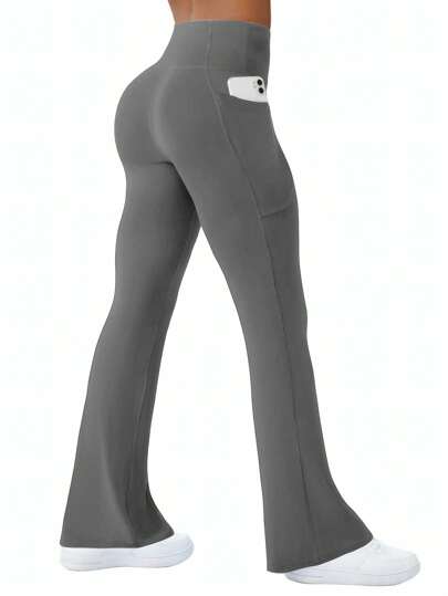 1pc Plus Size Women Flared Sports Pants, Slimming Fashionable High Waist Fitted Yoga Leggings With Pockets, Casual Tights