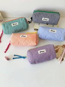 Estuche de lápices con diseño de color block y cuadros, estuche de lápices de diseño básico y suave para papelería, estudiantes, niñas, cosméticos y artículos varios, de vuelta a la escuela, útiles escolares, estuche de lápices, mochila escolar