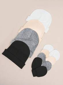 4pcs/Set Newborn Baby Solid Color Beanie Hat + Anti-Scratch Mittens Set, Suitable For Daily Wear - Nhiều màu - Xem 3