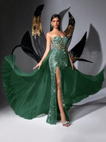 LUVISTRUE Glamorous Goddess Sequin Party Formal Dress, Luxury Women's Evening Gown Suitable For Red Carpet, Birthday Party, Graduation Dance, Gala Dinner, Charity Ball, Awards Ceremony, Solid Color Strapless Mesh Tie-Up Slit Dress - Green - View 2