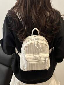 Casual Korean Version Vertical Stripes Girls College Style Backpack Spring Simple Multi-Pocket Travel Cashmere Small Backpack, School Backpack - White - View 3