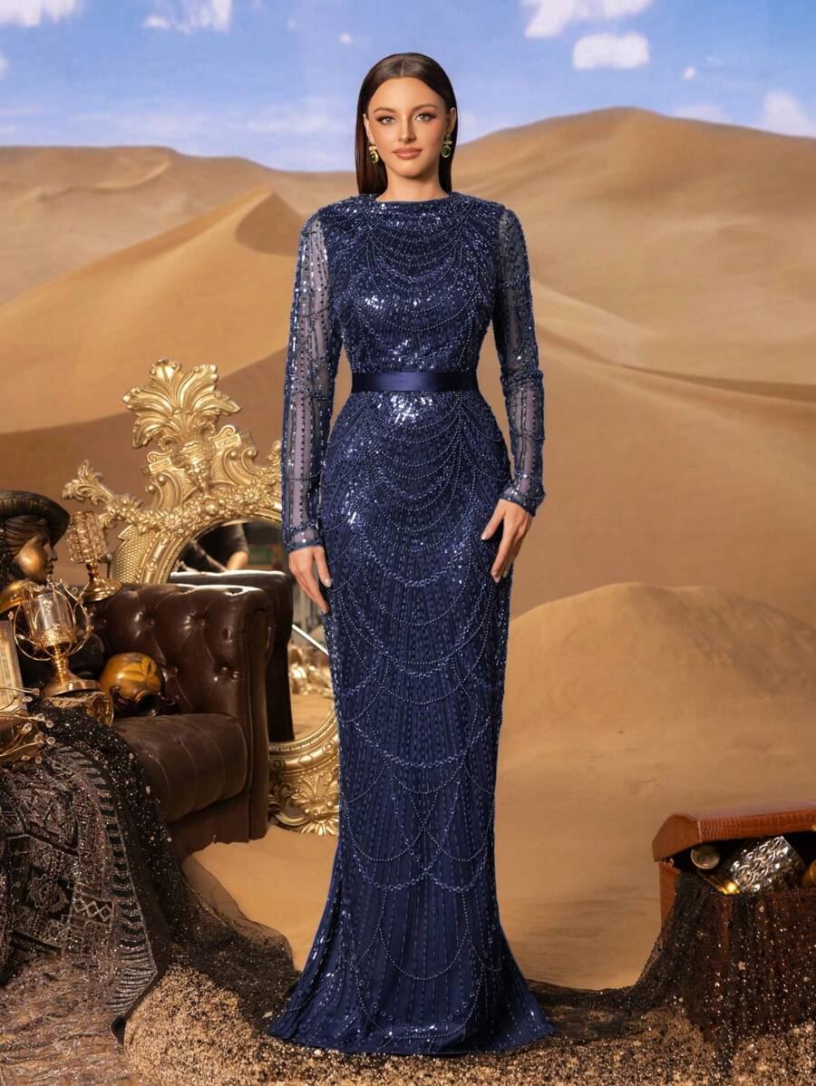 Faeriesty Haute Glamour Gorgeous Elegant Sequin-Beaded Evening Dress | Formal Dress For Luxury Weddings, Black-Tie Events, Birthday Women Outfits, Or Celebrity-Style Parties - 藏蓝色 - 查看 1