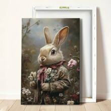 1pc Framed Wall Art, Wrapped Canvas Poster Vintage Prints, Easter Day, A White Rabbit In A Floral Suit, Home Living Room Bedroom Ofice Wall Decor, Birthday Party Decor, Hanging Hardware Included - Framed, Vertical