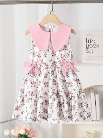 Vestido de verano para niñas con estampado de flores y decoración de lazo