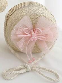 1pc Girls Cute Princess Style Straw Bow-Knot Tote Bag, Pink, Suitable For Princess Outings, Beach And Daily Use - Bow - View 3