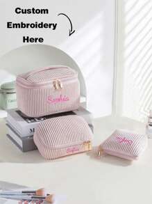 3er Set Kordsamt Make-up Taschen, bestickte Kosmetiktasche, Reise-Kulturtasche, Make-up Organizer, Reise-Kulturtasche, süße Make-up Tasche für Frauen und Mädchen, reisefreundlicher Organizer für Werkzeuge und Zubehör