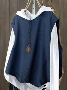 Plus Size Casual Solid Color Crew Neck Knitted Sweater Vest Top