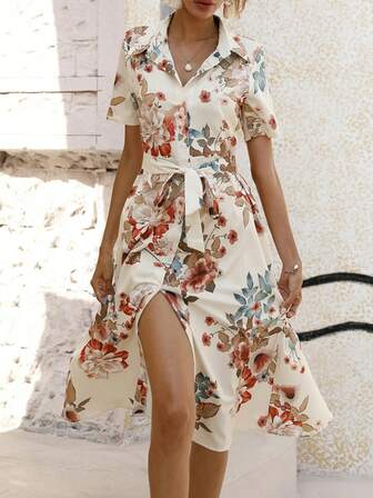 女式夏季休闲花卉印花纽扣前开襟衬衫裙