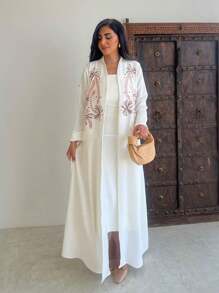 Elegant & Charming White Embroidered Long Abaya For Ladies, Suitable For Spring/Summer Events, Modest Kaftan
