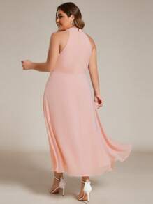 EVERPRETTY Elegant Chiffon Sleeveless Backless Asymmetric Hem Pink Wedding Guest Bridesmaid Dress - Pink - View 2