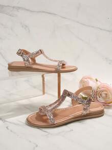 Wedge Sandals For Women With Round Toe,Glitter,Ankle Strap,Buckle - Rose Gold - View 8