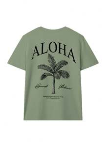 女士春夏新款棕榈树标语印花休闲圆领短袖T恤，时尚度假风，图案T恤，度假装