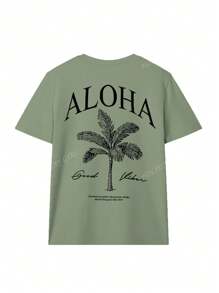 Damen Frühling und Sommer neue Palme Schriftzug Muster Alltag Lässig Rundhals Kurzarm T-Shirt, modischer Urlaubsstil, Ihr tägliches Essential. Grafik T-Shirts Frauen Weißes Top Schwarzes Top Rosa Top Urlaubsoutfits Frauen