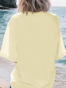 T-shirt ample à col rond à manches courtes avec imprimé d'arbre de noix de coco et de coucher de soleil, pour femmes grandes tailles, été - Jaune citron - Voir 2