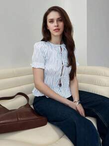 Women's Casual Comfort Blue & White Striped Pattern Round Neck Ruched Front Tie-Up Slit Hem Shirt Summer - Blue and White - View 5