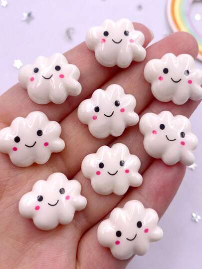 10 PIEZAS de figuras decorativas de piedra cabujón plana con pintura de nubes blancas sonrientes hechas a mano de resina de colores, accesorios de manualidades y decoración para el hogar, verano, escuela