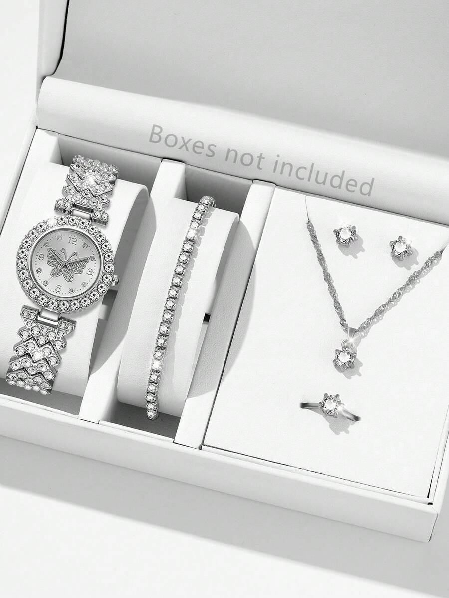 6 件银色合金表带女士手表套装奢华时尚蝴蝶元素圆形表盘石英表手链项链耳环套装适合日常服装搭配或节日礼物 - 銀色 - 查看 1