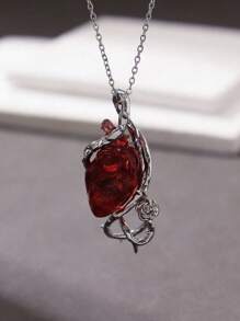 1pc Dark Gothic Style Hollow Thorns Wrap 3D Heart Pendant Necklace, Vine Spike Exaggerate Halloween Couple Clavicle Chain With Thorn Flower