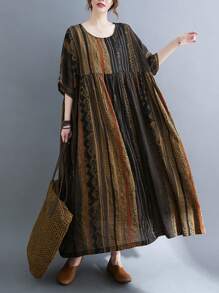 Top, 2025 Lato Nowa Czeska Pasiasta Sukienka Casualowa, Sukienka Damska, Codzienna Odzież Damska Plus-Size, Damska Plus-Size Luźna Sukienka Vintage Okrągły Dekolt I Rękawy Duży Swing Luźny