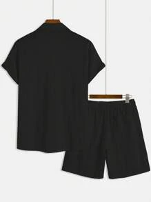 GOLDREDY Men's Fashion Classic Solid Color Textured Knit Cardigan, Suitable For Casual, Commuting, Street Style, Summer New Short Sleeve Two Pieces Set - Black - View 2