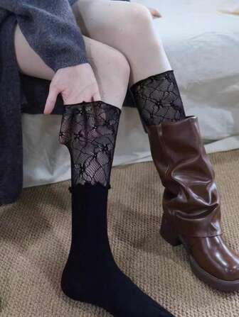 1双白色蕾丝透气小腿袜，随机发货