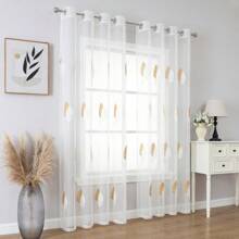 2pcs Semi-Transparent Embroidered Sheer Curtains, Lightweight & Quick-Drying With Rings, Dual-Colored Leaf Pattern, Countryside Style, Suitable For Bedroom, Living Room, Study, Balcony And Partition Curtains - Yellowish White - View 4