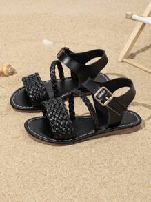 Summer Kids Woven Strap Sandals, Casual & Fashionable, Boys & Girls Flat Beach Shoes Suitable For Daily, Holiday And Travel - Black - View 3