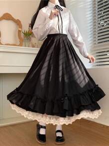 1pc Vintage Floral Lace Lolita High Waist Skirt, Preppy Aesthetic For Pairing With Shirts/T-Shirts Halloween - 彩色 - 查看 2