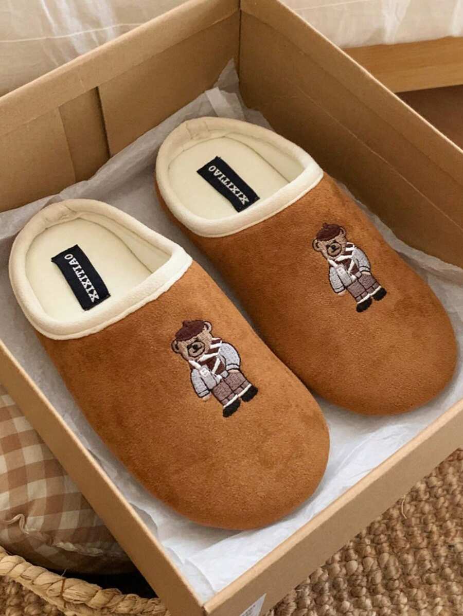 女士春秋刺绣熊图案轻质柔软面料拖鞋，防滑舒适室内家居休闲时尚可爱棕色拖鞋