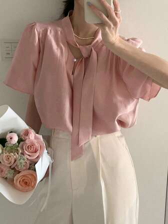 2025 夏季女式法式飘逸丝带宽松休闲衬衫