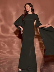 Vestido largo de unicolor con cuello redondo, mangas con volantes, ajustado y hasta el suelo, elegante, vestido formal, de fiesta, vestido de noche, para invitados de boda