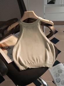 夏季新款圆领女式露背柠檬图案印花，简约时尚，适合通勤，夏季女式上衣 - 卡其色 - 查看 2