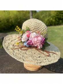 女士手工花卉编织草帽，时尚简约风格，适合旅行、海滩、度假穿着，可折叠且用途广泛 - 彩色 - 查看 13