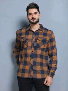 Men's Long Sleeve Plaid Flannel Shirt - màu nâu - Xem 1