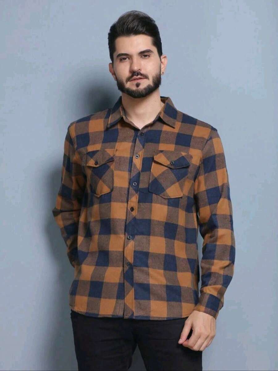 Men's Long Sleeve Plaid Flannel Shirt - màu nâu - Xem 1