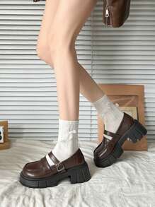 Mocasines de suela gruesa y color liso para mujer, estilo escolar con cordones, zapatos cómodos y ligeros