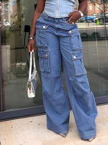 Women Middle Waisted Cargo Jean For Women With 8 Pockets Straight Wide Leg Jean Casual Baggy Pants - 深色水洗藍 - 查看 1