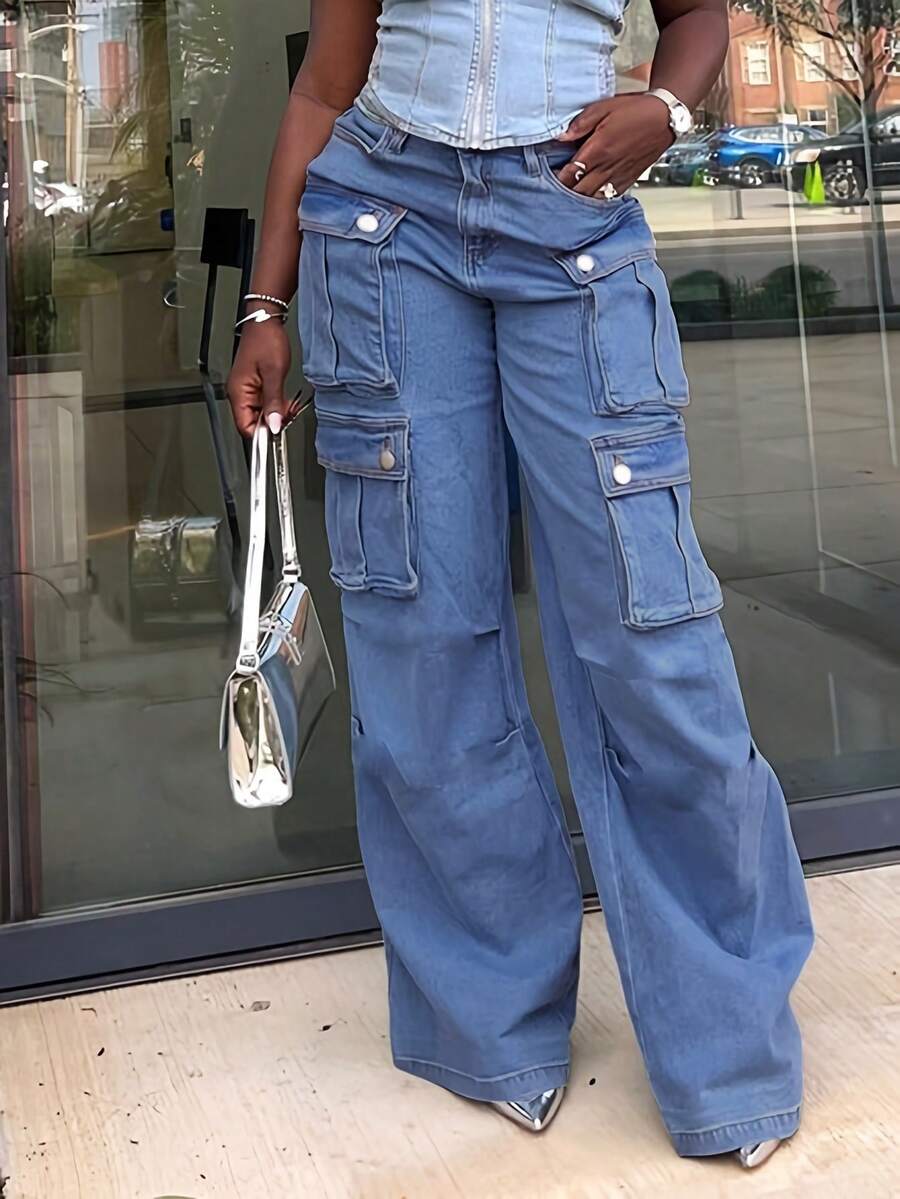 Women Middle Waisted Cargo Jean For Women With 8 Pockets Straight Wide Leg Jean Casual Baggy Pants - 深色水洗藍 - 查看 1