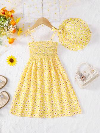MommBaby Mommbabay Girls Summer Bowknot Strap Dress, Young Girl Cute Sleeveless Daisy Flower Fashion Sundress With Hat