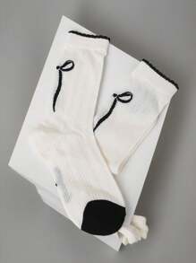 1 双女士中国风蝴蝶结蕾丝边时尚民族风薄款芭蕾舞中筒袜