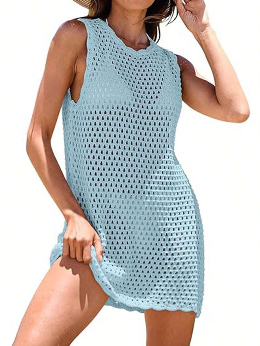 Womens Swimsuit Cover Up Sleeveless Knit 2025 Summer Outfits Swimwear Bathing Suit Coverup Crochet Backless Hollow-Out  Beach Dress - Màu xanh nhạt - Xem 1