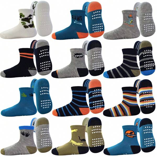 Toddler Baby Non Slip Socks Infant Anti Skid Socks With Grips 12 Pairs Crew Socks For 1-3 Years Kids Boys Girls