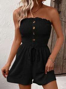 Women Solid Color Ruffled Edge Strapless Jumpsuit, Suitable For Vacation