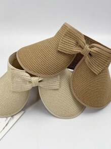 Straw Hat With Hollow Top For Women, British Style Straw Hat, 2025 New Style, Topless Sun Hat, Ladies Bow Sun Hat, Seaside Holiday Sun Hat, Summer Hat - Khaki - View 2