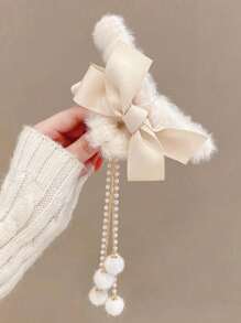 优雅流苏吊坠蝴蝶结毛绒发夹，甜美发夹，发饰，发爪，爪夹，发夹，发夹，秋冬度假装女士 - 米色 - 查看 2