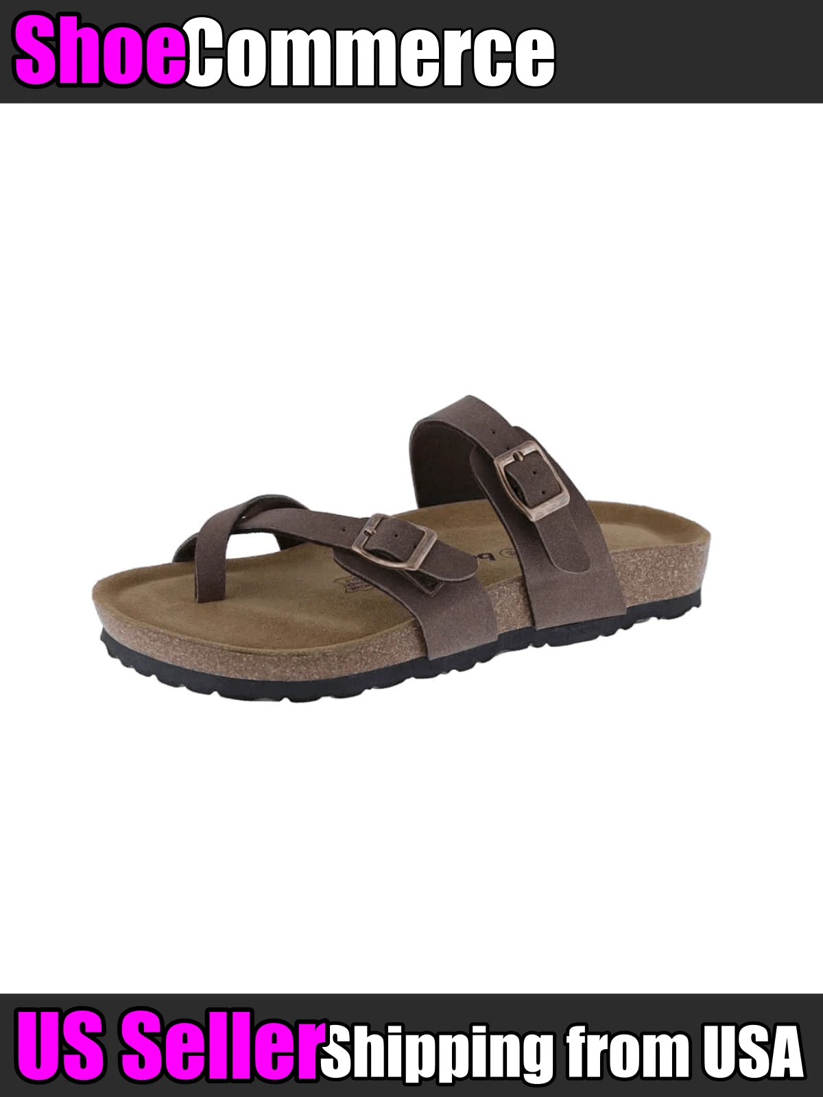Women's Slide Sandals Adjustable Buckle Open Toe Slip-On Cork Footbed Slides Toe Loop Cross Strap Flat Sandal Comfort Casual Summer Slippers Shoes - 棕色 - 查看 1