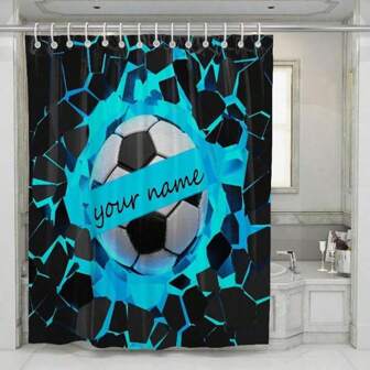 1pc Customized Blue Football Name Print Shower Curtain, Made Of Polyester, Waterproof And Easy To Install, Comes With 12 Hooks, Personalized Gift For Family, Lover, Friends, Parents, Best For Mother's Day, Father's Day Home Bathroom Decor Fall Decor Bathroom Accessories Back To School