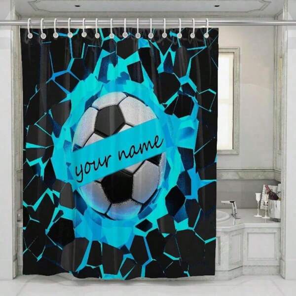 1pc Customized Blue Football Name Print Shower Curtain, Made Of Polyester, Waterproof And Easy To Install, Comes With 12 Hooks, Personalized Gift For Family, Lover, Friends, Parents, Best For Mother's Day, Father's Day Home Bathroom Decor Fall Decor Bathroom Accessories Back To School